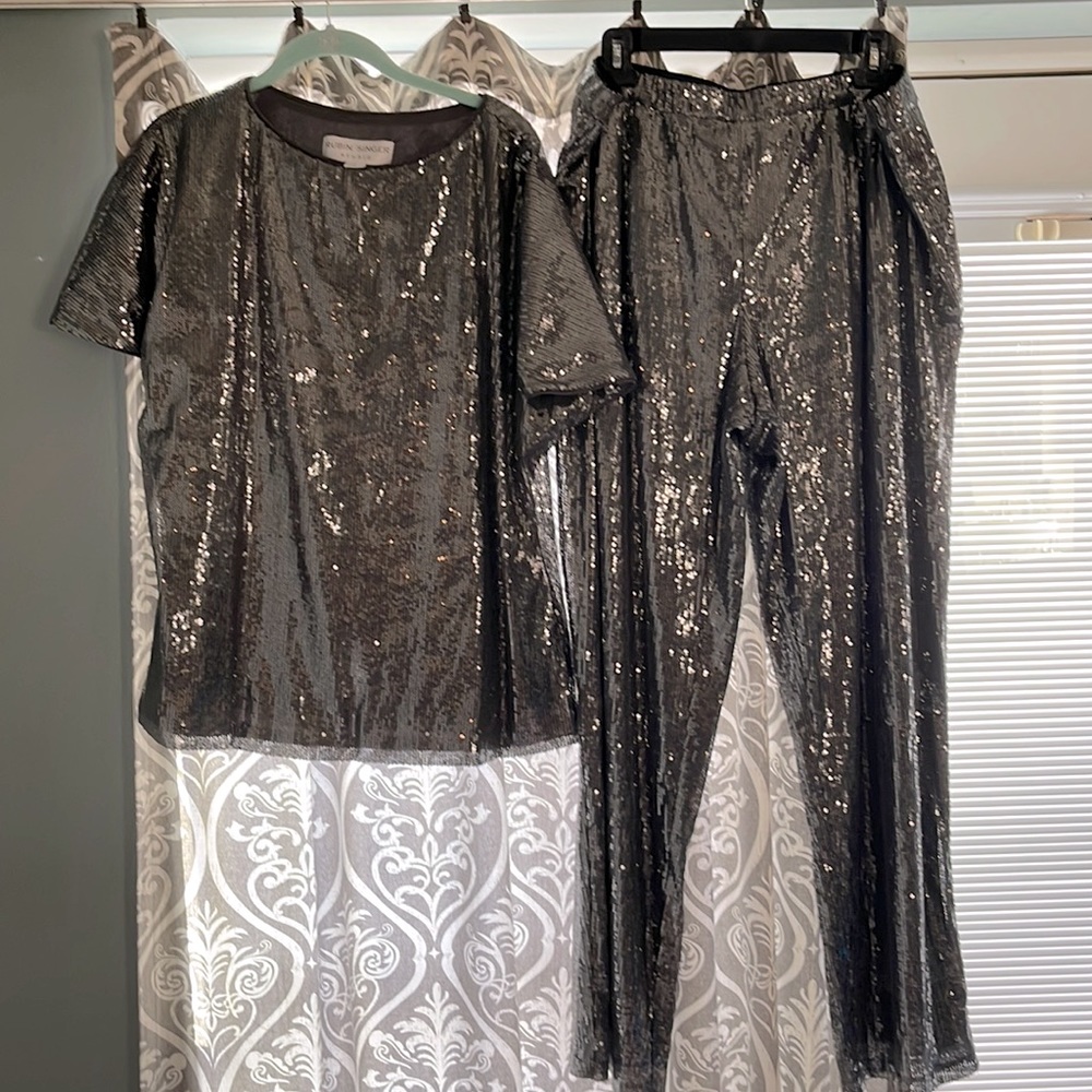 Rubin Singer Studio All-Over Sequin Top and dress pants. Pants have a side zip.
